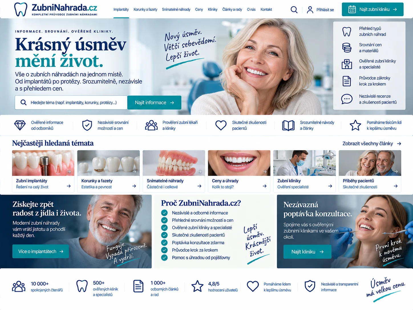 Ilustrační návrh zdravotnického webu ZubniNahrada.cz v modré a tyrkysové s tématy implantátů, korunek a snímatelných náhrad